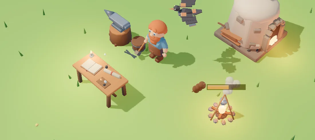 A dwarf at the anvil next to a glowing furnace, a clockwork raven watching