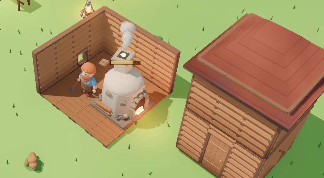 A dwarf inside a half-built wooden workshop with a furnace, next to a finished log house