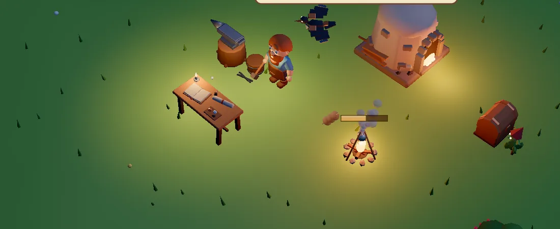 Night falls on the camp; a campfire and the furnace glow while a small thief sneaks in