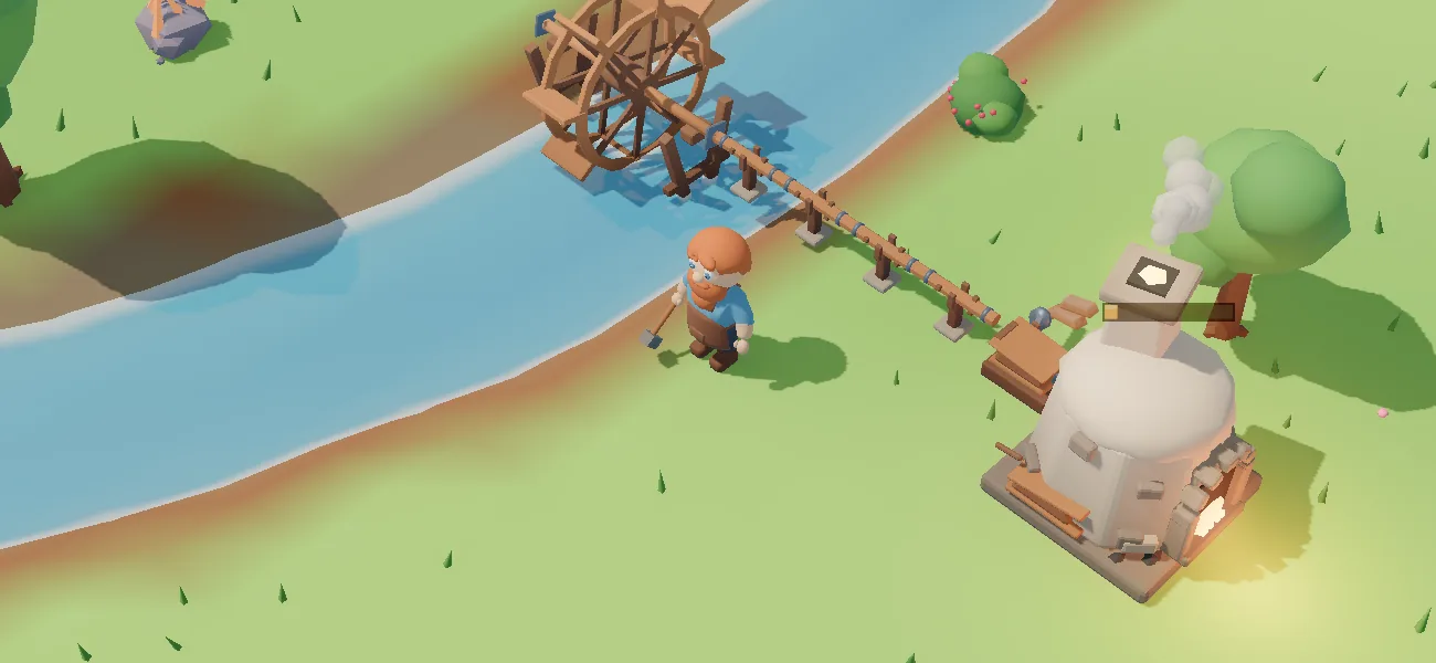 A waterwheel in the river drives a shaft to a furnace on the bank